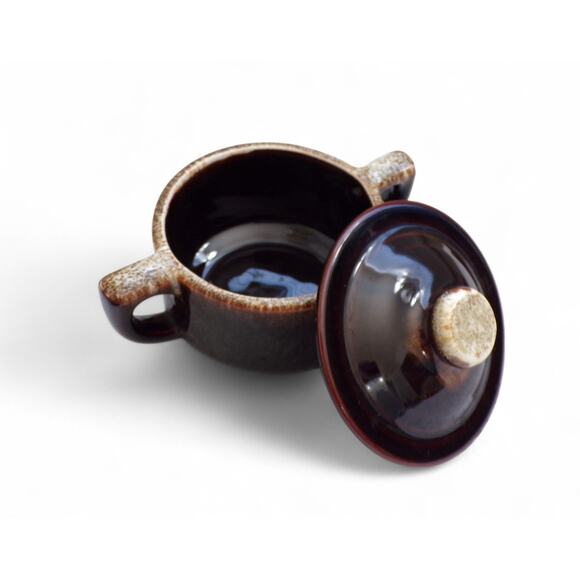 Brown Drip Glazed Pottery Sugar Bowl With Lid Handles 4" tall 4" wide - Picture 4 of 4